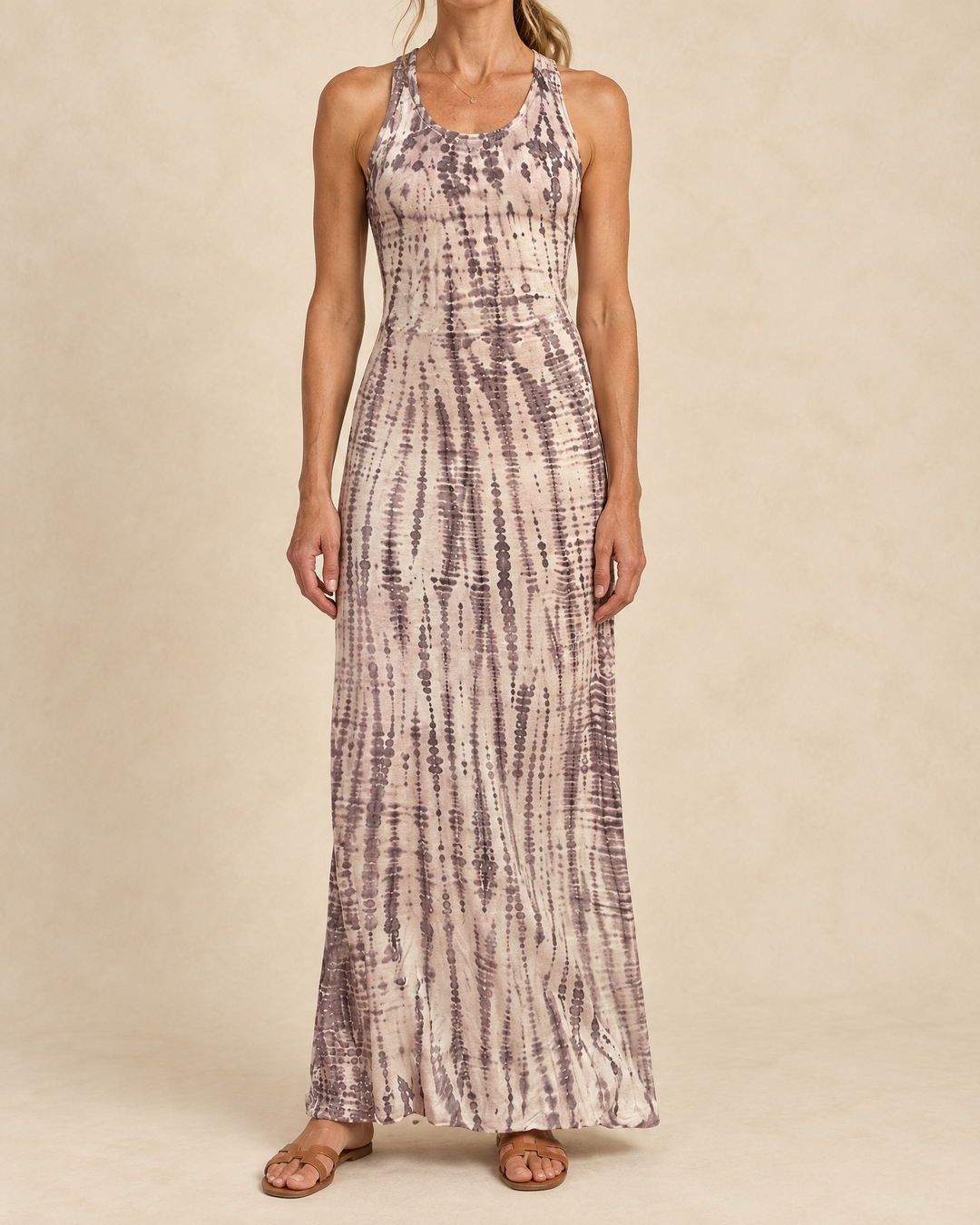 Melisande - Tie Dye Open Back Maxi Dress in mauve grey, front view