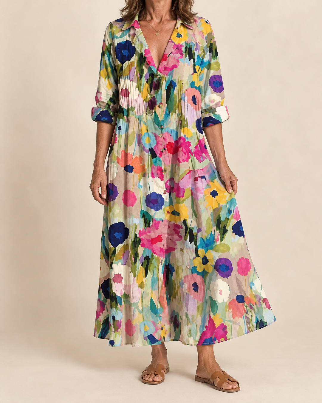 Mireille - Bohemian Maxi Shirt Dress in garden bloom, front view