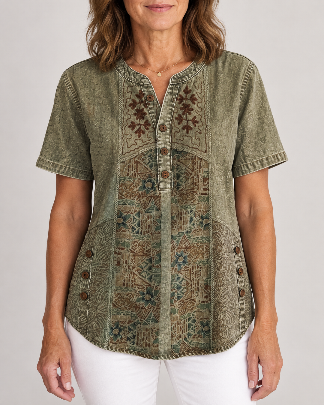 Ottilie - Art Print Henley Top in olive, front view