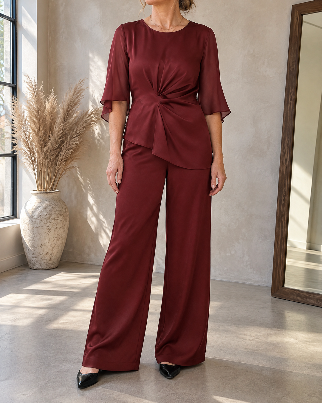 Lorraine - Satin Flared-Sleeve Set in wine, front view