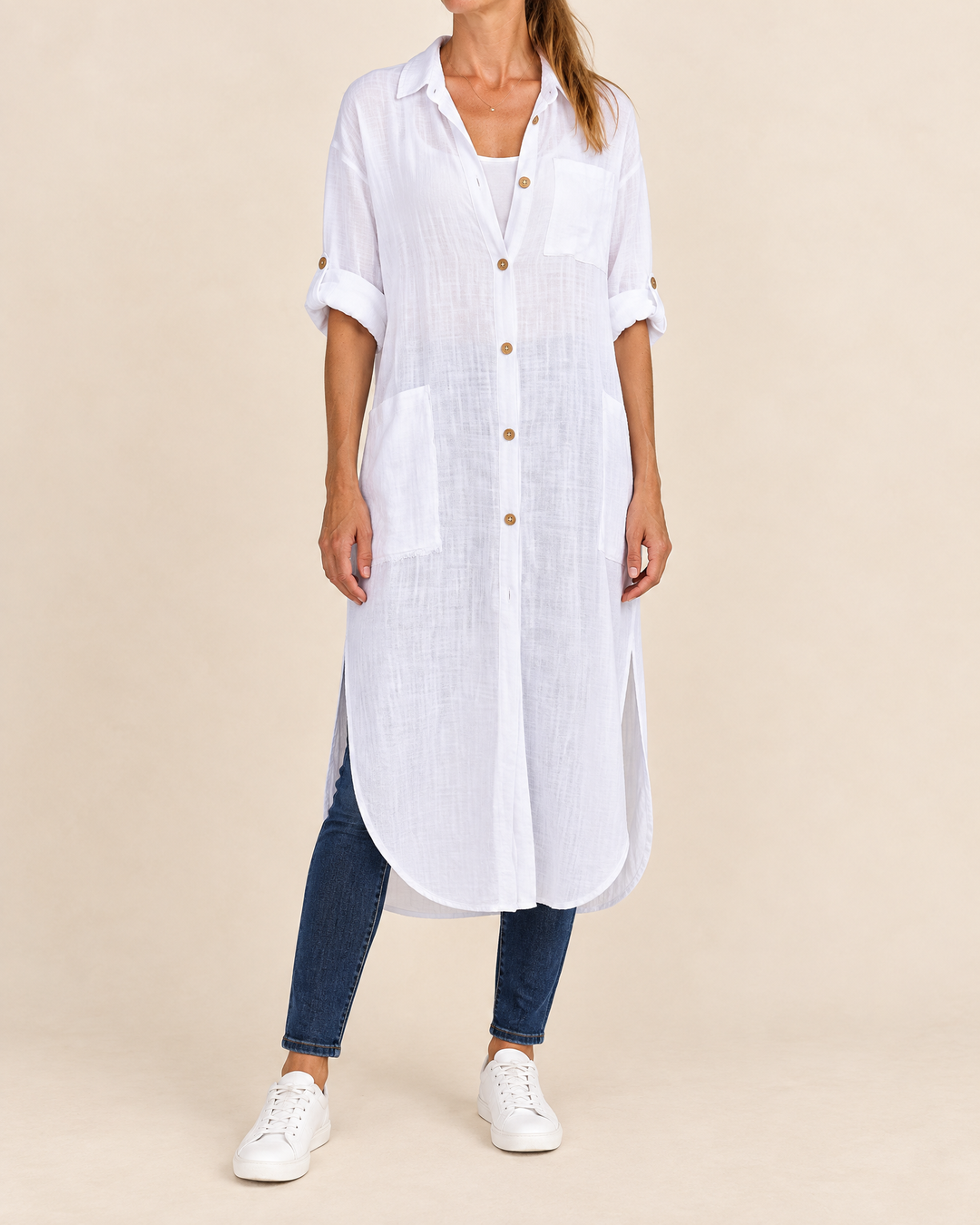 Madeleine - Cotton Shirt Dress in white, front view