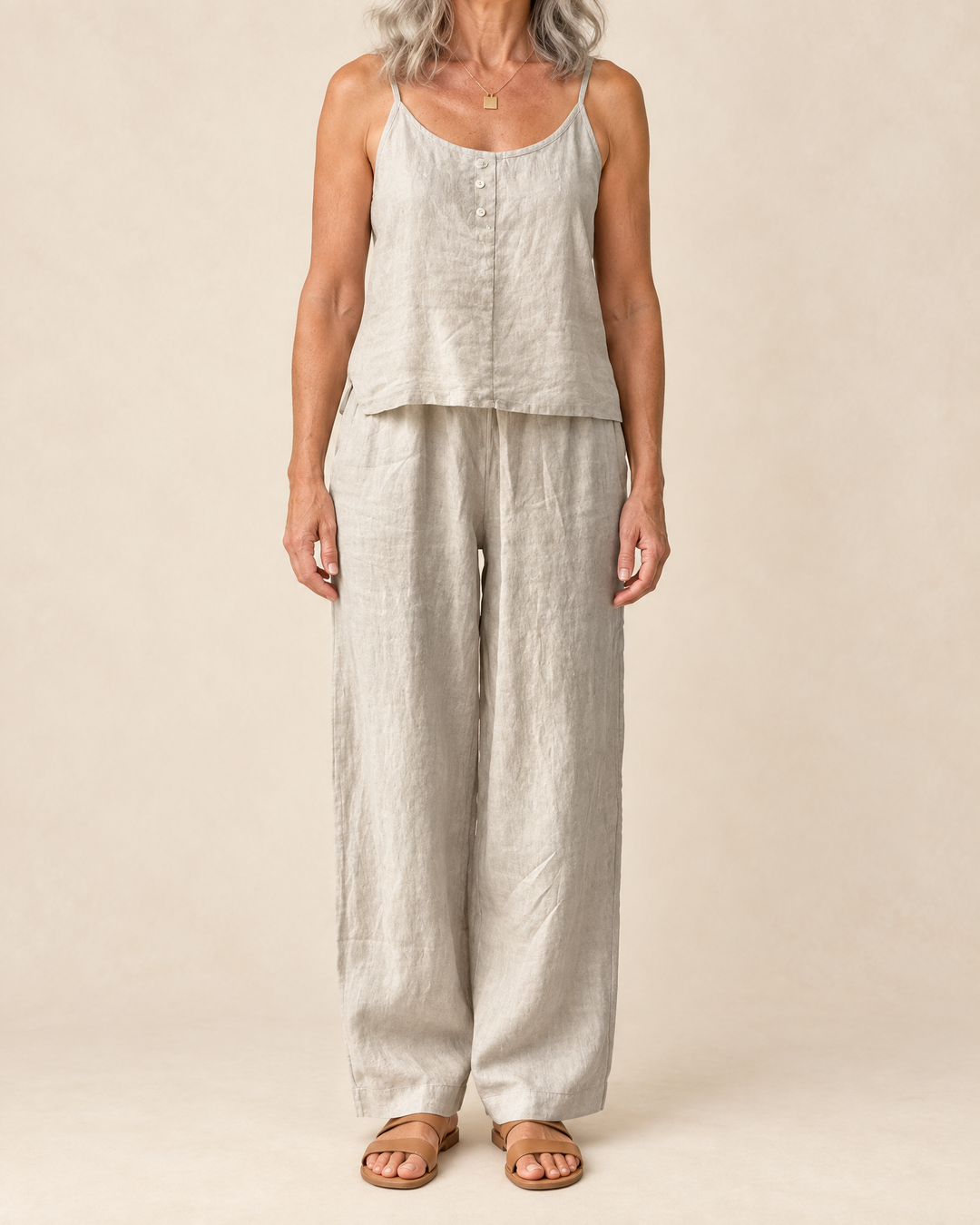 Odile - Cotton Linen Cami Set in light grey, front view