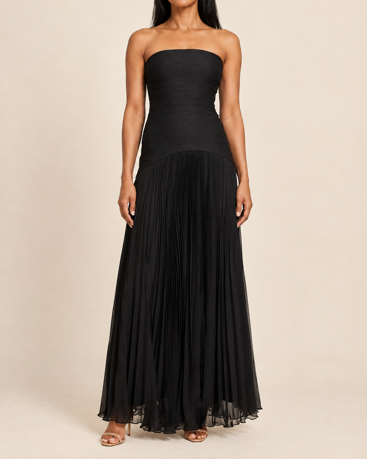 Theodora - Strapless Pleated Maxi Dress in black, front view