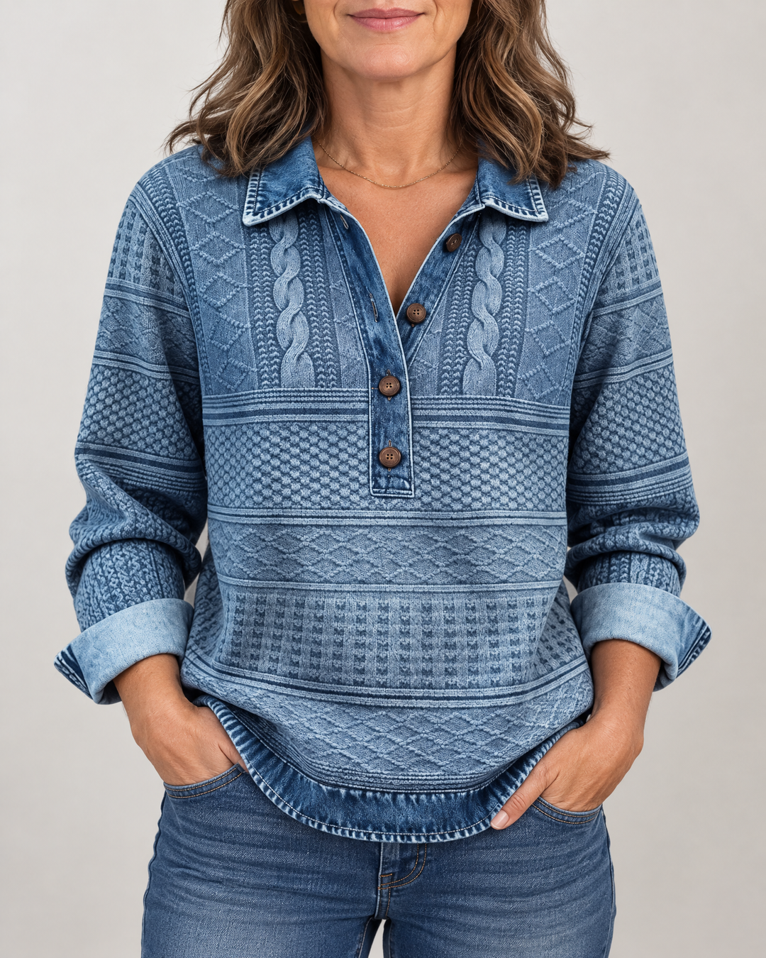 Annelise - Cable-Look Collared Top in blue, front view