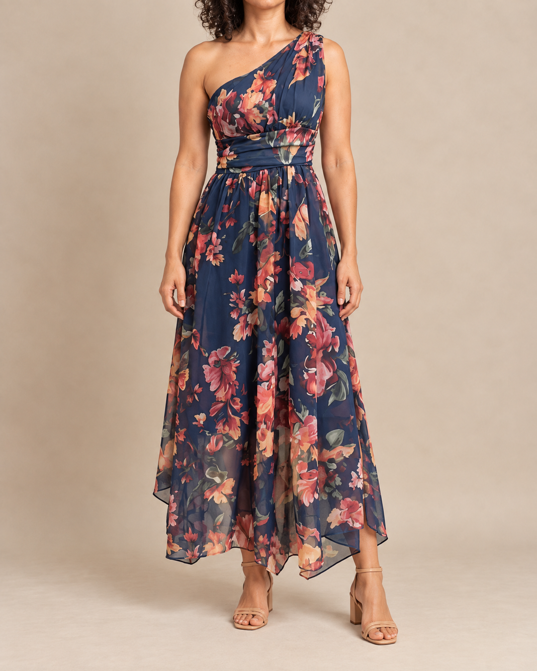 Giselle - One-Shoulder Floral Maxi Dress in navy, front view