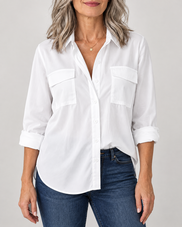 Louise - Pocket Detail Shirt in white, front view