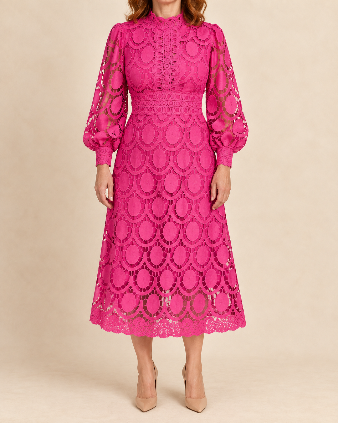 Margaux - Lace Puff Sleeve Midi Dress in hot pink, front view