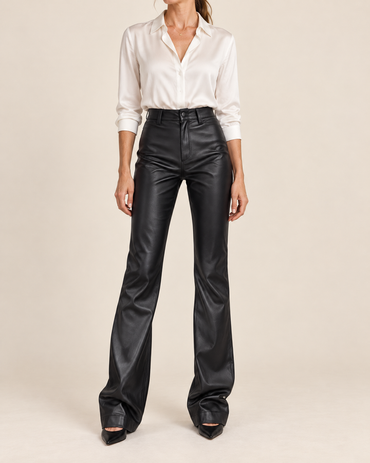 Roxane - Faux Leather Flare Pants in black, front view
