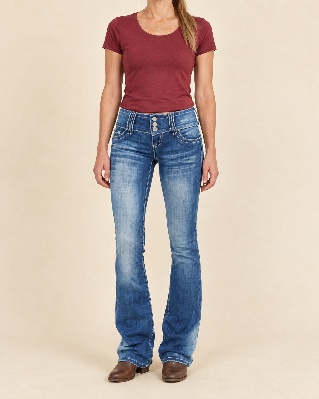 Marianne - Button Fly Bootcut Jeans in mid blue, front view