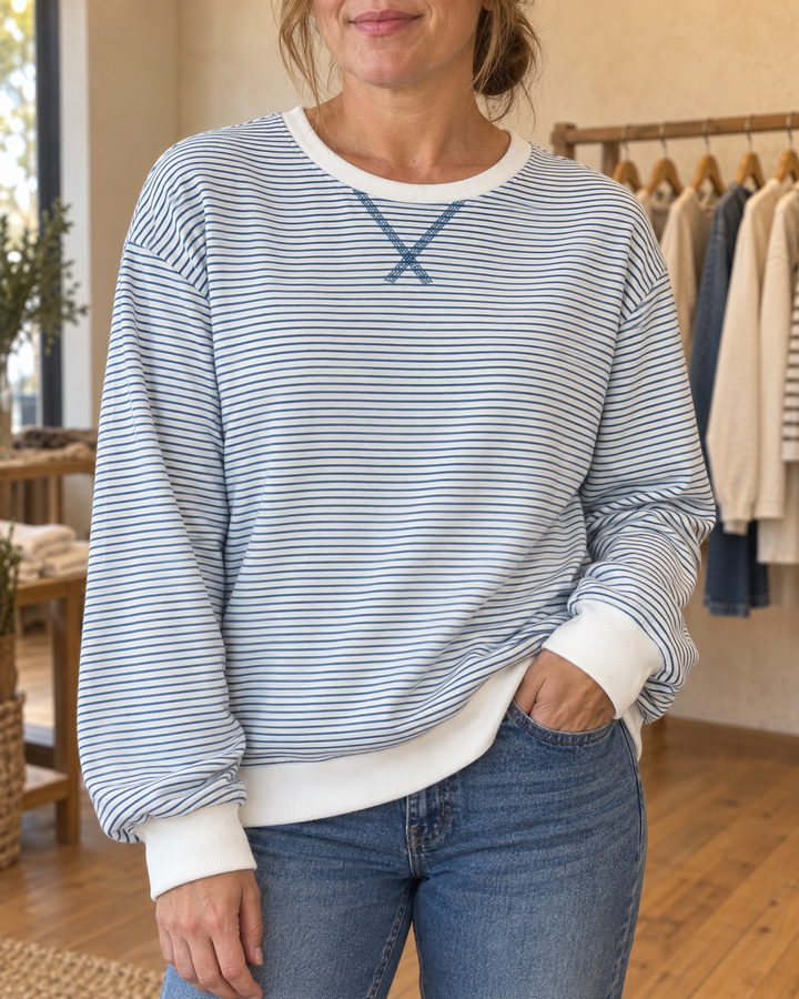 Charlotte - Fine Stripe Pullover in blue, front view