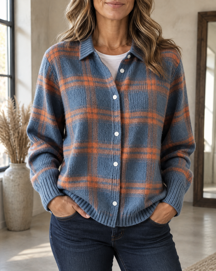 Maude - Plaid Knit Shirt in blue plaid, front view