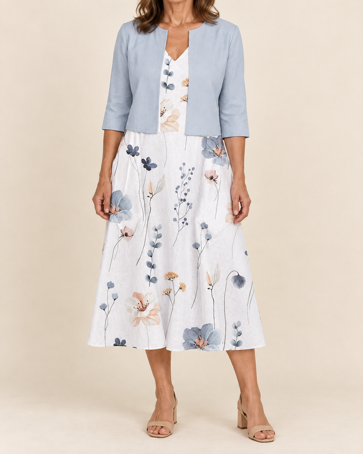 Philippa - Floral Dress &amp; Cardigan Set, front view with the cardigan