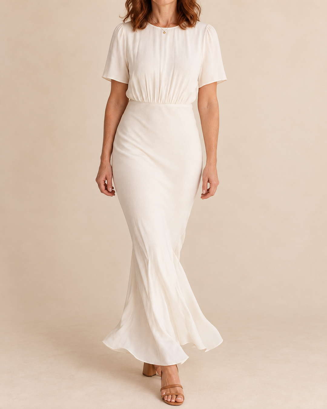 Eloise - Short Sleeve Fishtail Maxi Dress in cream, front view