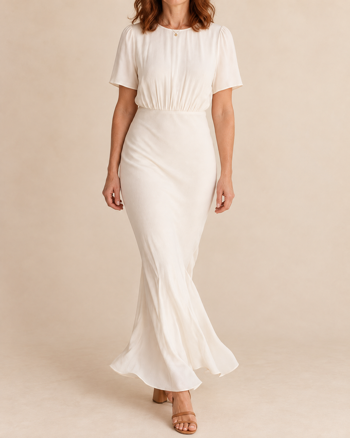 Eloise - Short Sleeve Fishtail Maxi Dress in cream, front view