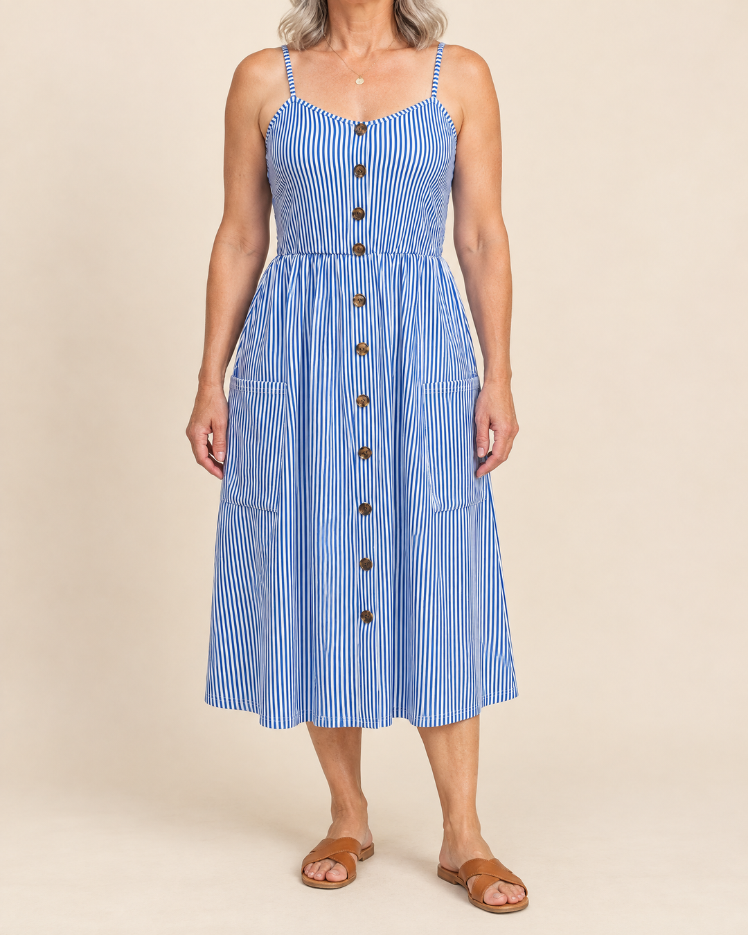 Agathe - Button Front Cami Dress in chambray blue, front view
