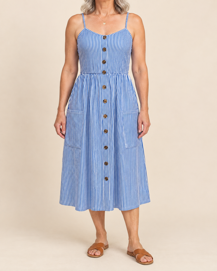 Agathe - Button Front Cami Dress in chambray blue, front view