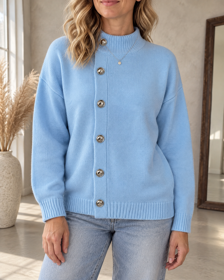 Sixtine - Silver Button Mock Neck Sweater in sky blue, front view