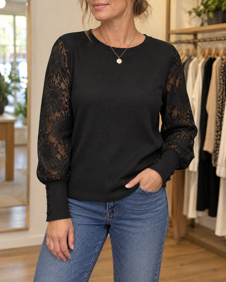 Laurine - Lace Sleeve Waffle Top in black, front view