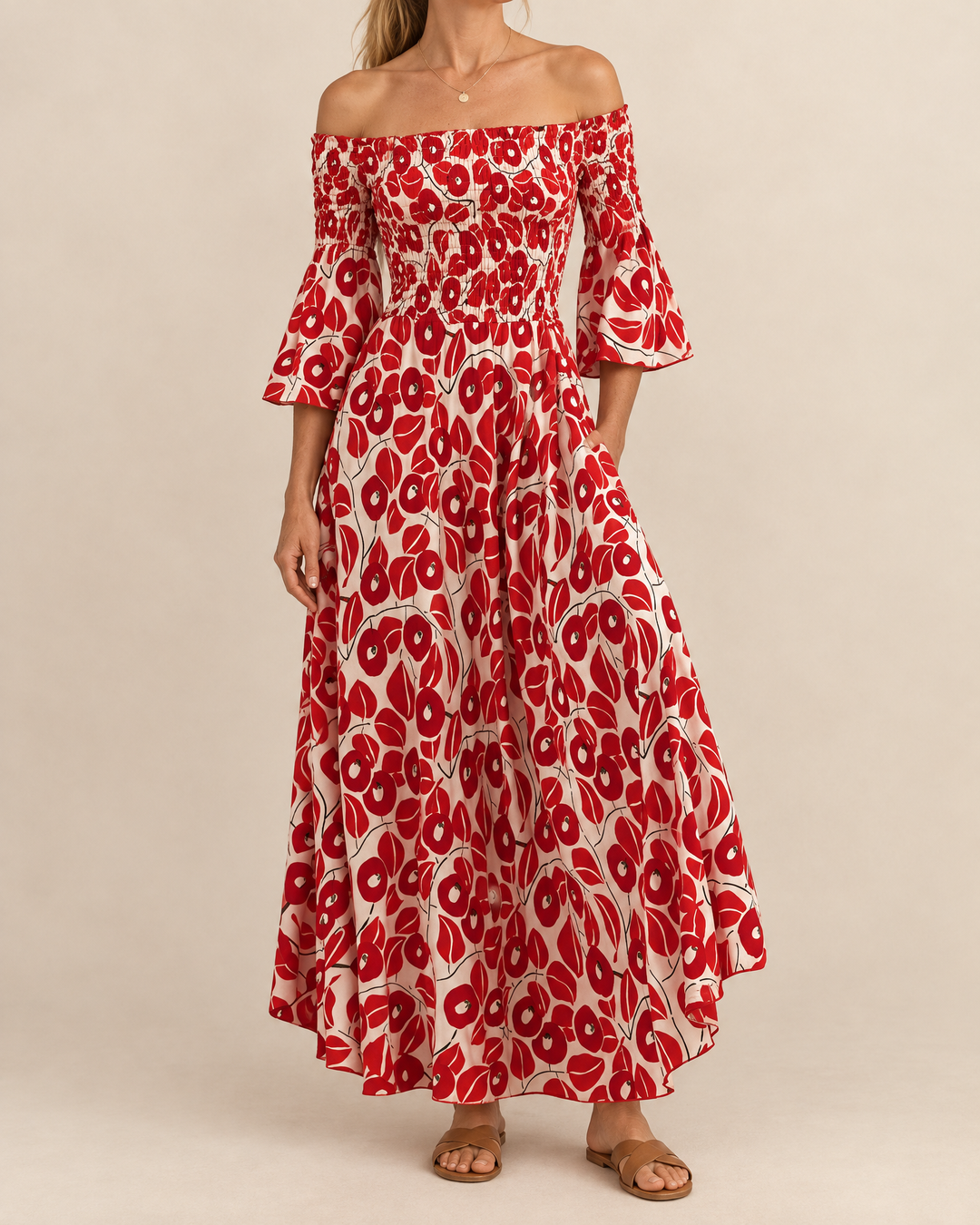 Seraphine - Off Shoulder Print Maxi Dress in red, front view
