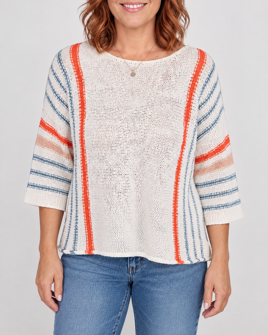 Emmeline - Striped Knit Pullover in white stripe, front view