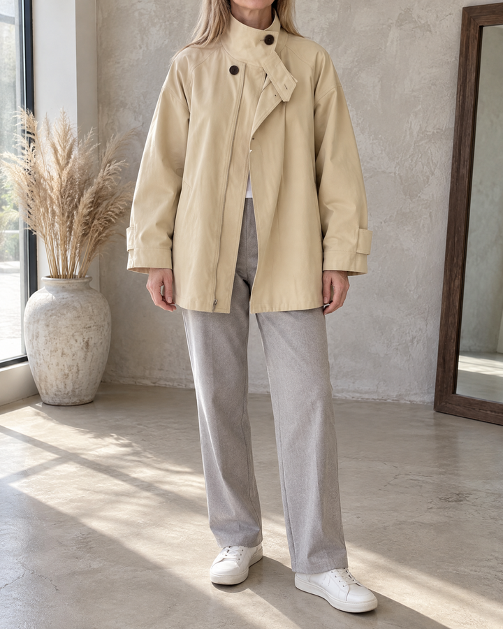 Michelle - Stand Collar Trench Jacket in light khaki, front view