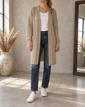 Genevieve - Open Front Knit Cardigan in oatmeal, front view