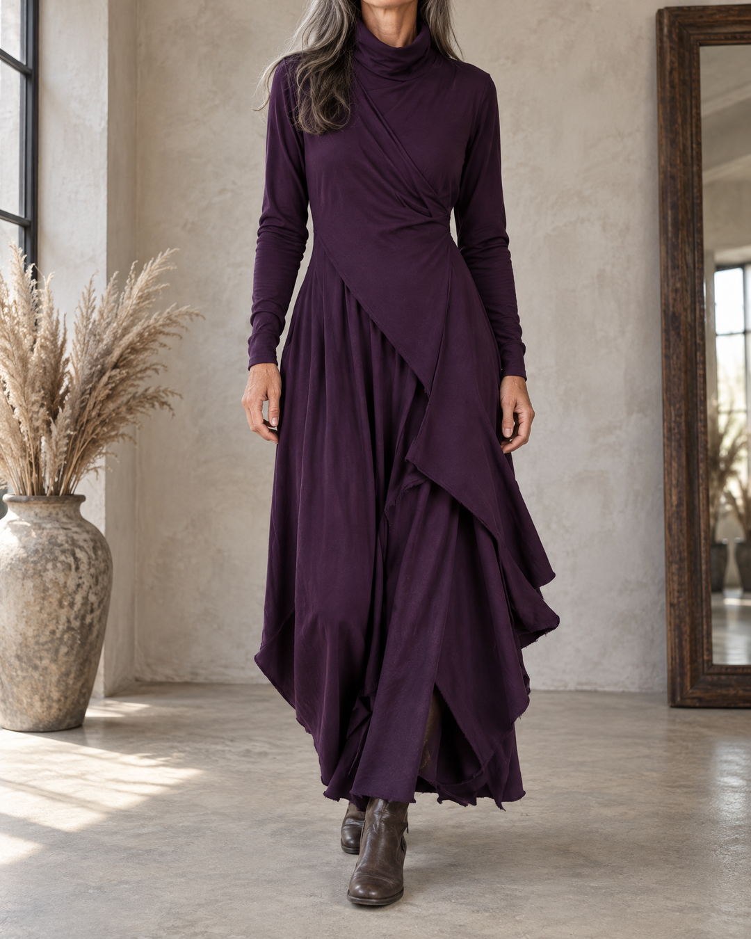 Sylvie - Draped Turtleneck Maxi Dress in purple, front view