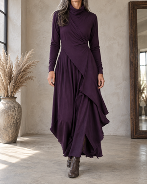 Sylvie - Draped Turtleneck Maxi Dress in purple, front view