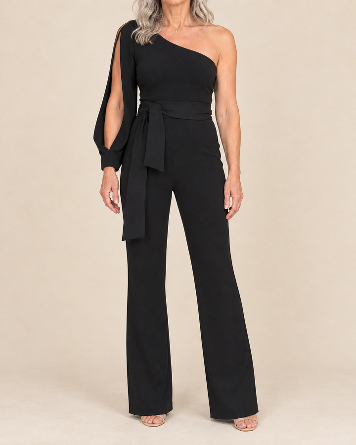 Isabeau - One Shoulder Tie Jumpsuit in black, front view
