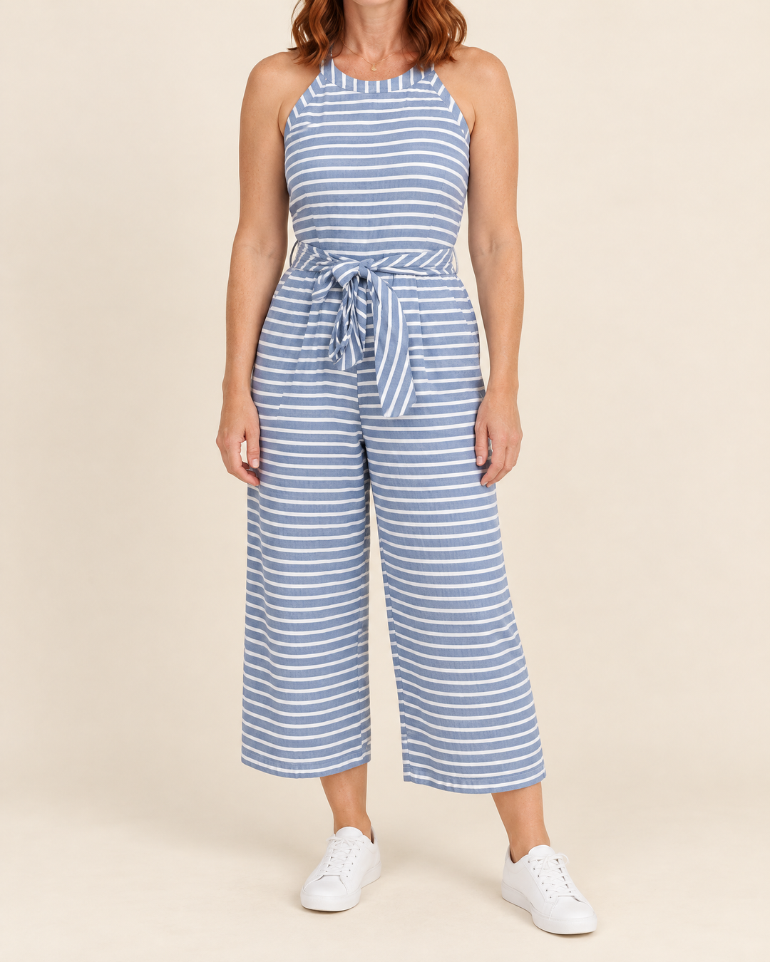 Josette - Striped Tie Waist Jumpsuit in blue, front view