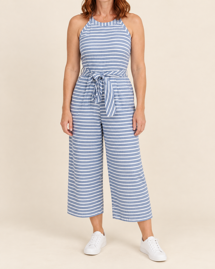 Josette - Striped Tie Waist Jumpsuit in blue, front view