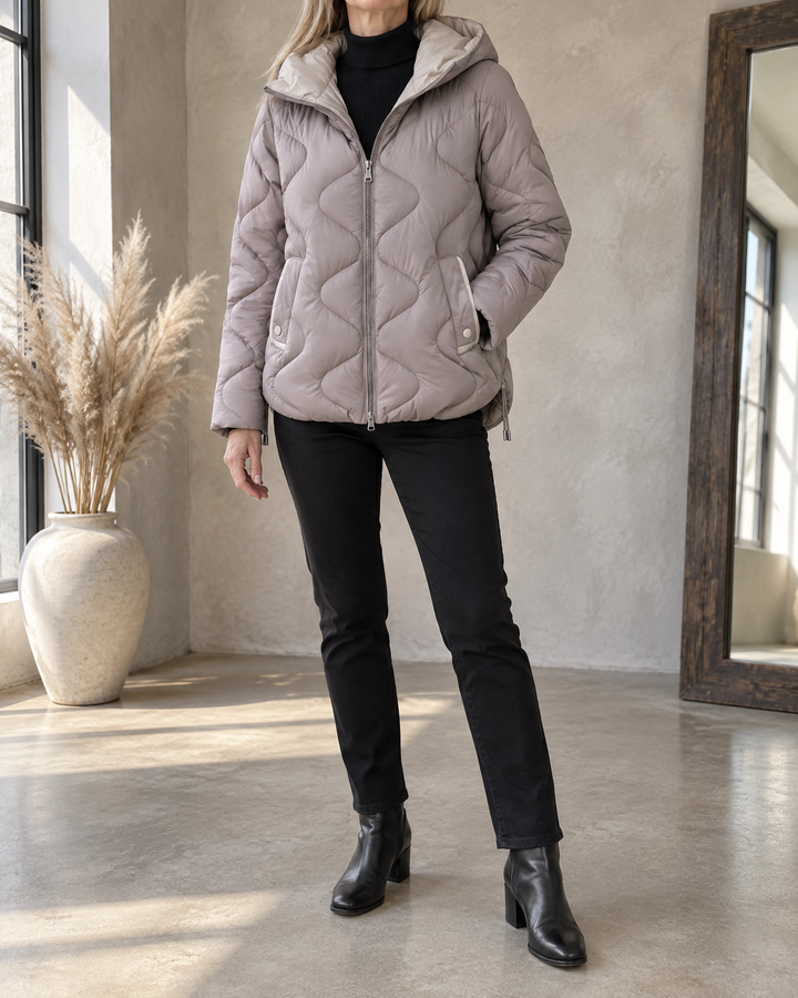 Carole - Wave Quilted Hooded Jacket in taupe grey, front view