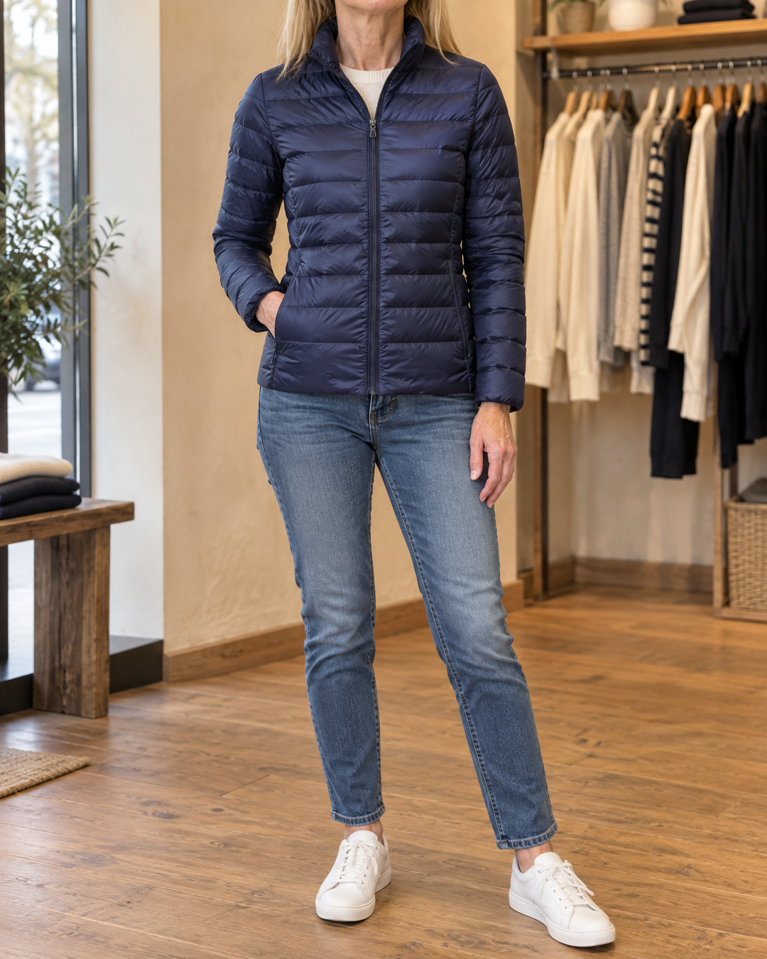 Eveline - Lightweight Puffer Jacket in navy, front view