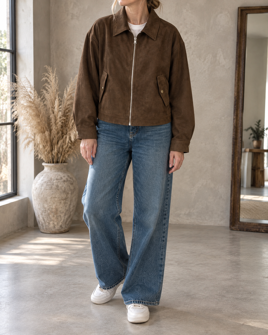 Rose - Cropped Faux Suede Jacket in chocolate brown, front view