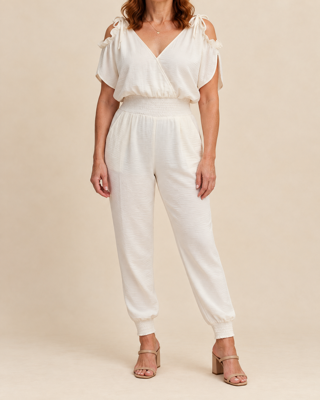 Perrine - Wrap Jogger Jumpsuit in white, front view