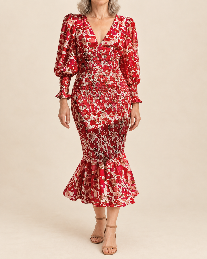 Mathilde - Smocked Floral Midi Dress in red, front view