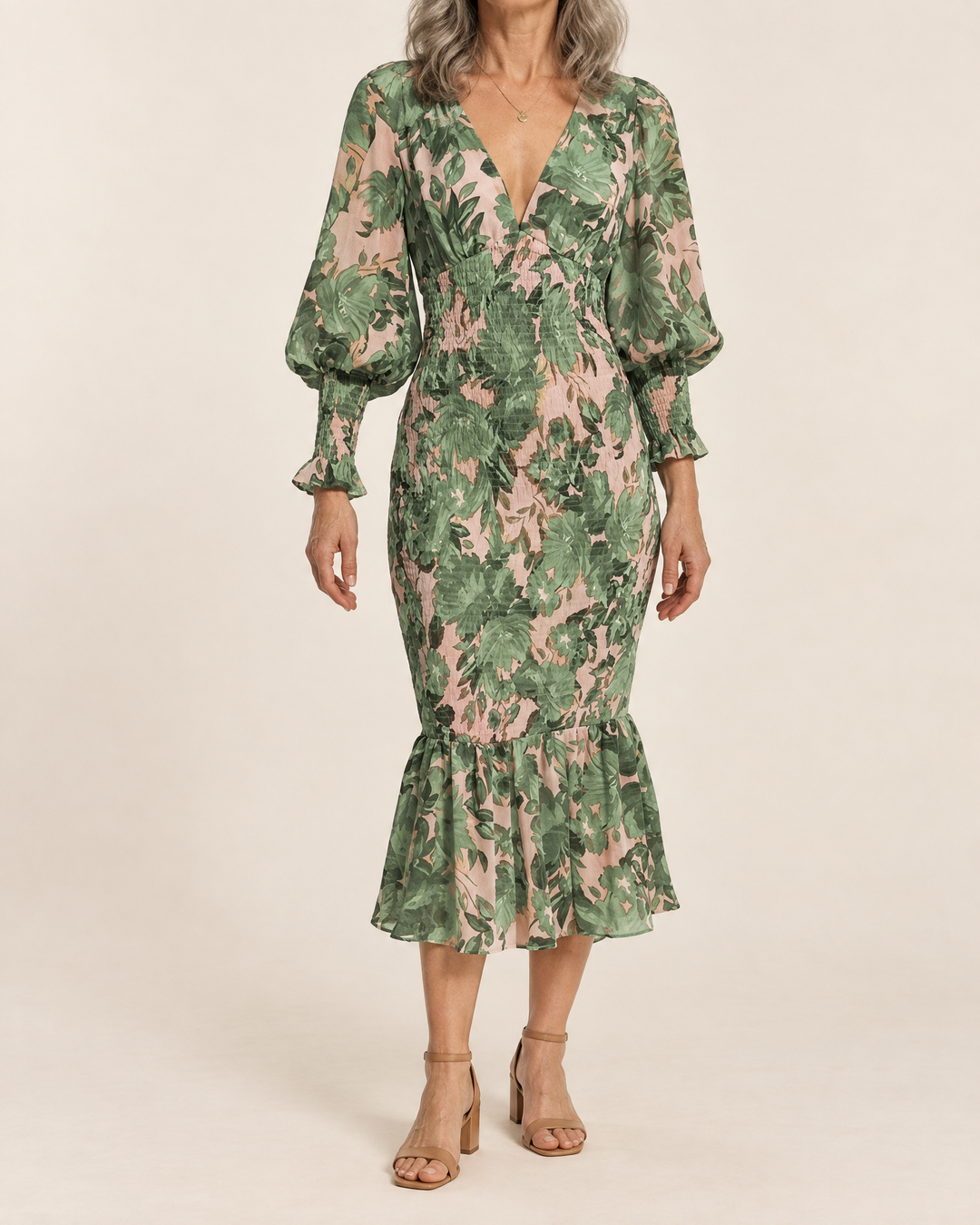 Coralie - Lantern Sleeve Print Midi Dress in green, front view