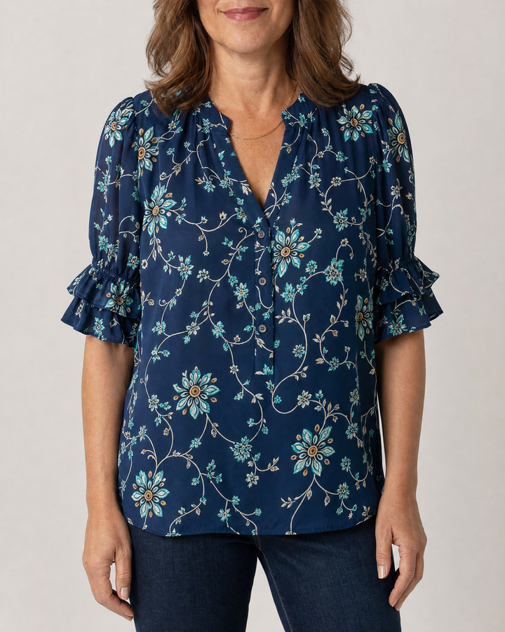 Vivienne - Vintage Print Blouse in navy, front view