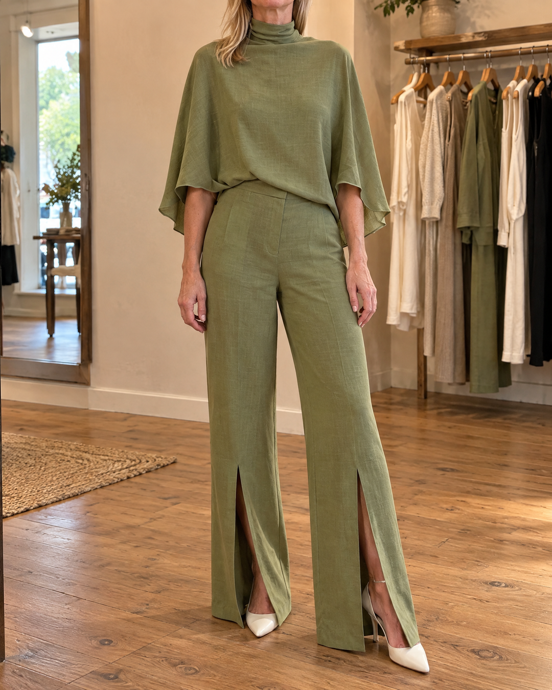 Cecile - Mock-Neck Cape Top Set in olive, front view