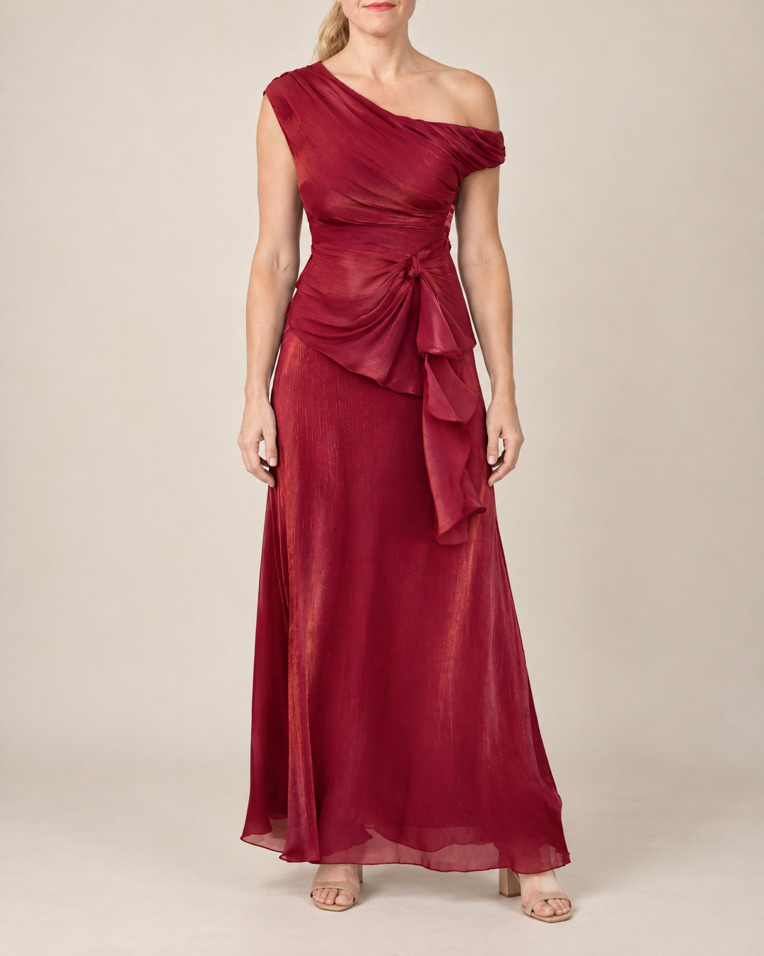 Salome - Draped One-Shoulder Maxi Set in wine, front view