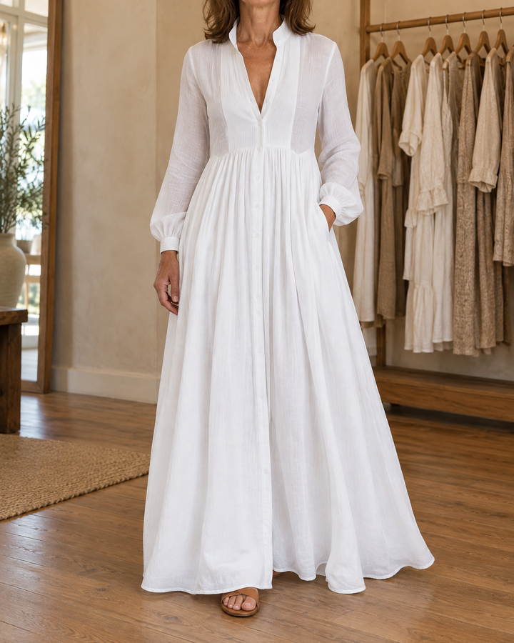 Colette - Button-Front Maxi Dress in white, front view