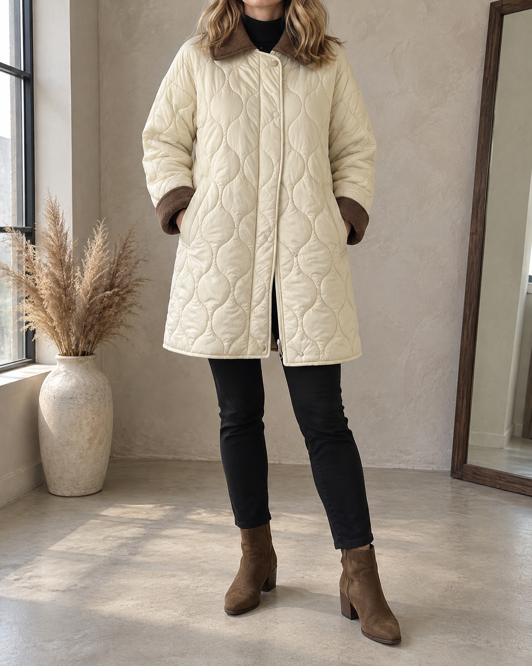 Leopoldine - Quilted Longline Jacket in cream, front view