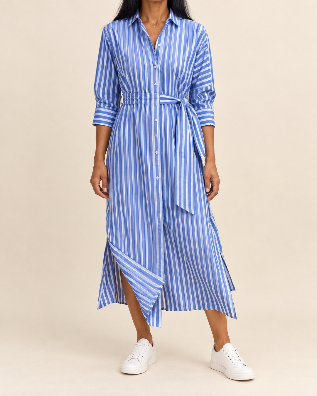 Laure - Belted Striped Shirt Dress in blue stripe, front view