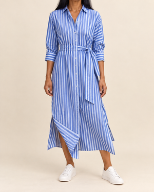 Laure - Belted Striped Shirt Dress in blue stripe, front view
