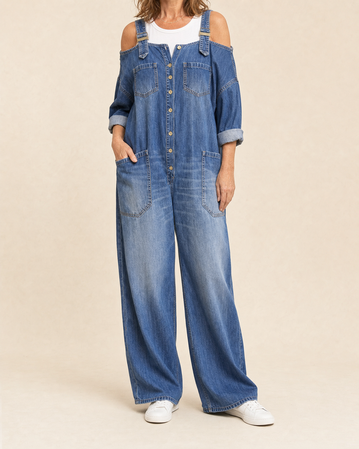Margot - Denim Jumpsuit in denim blue, front view