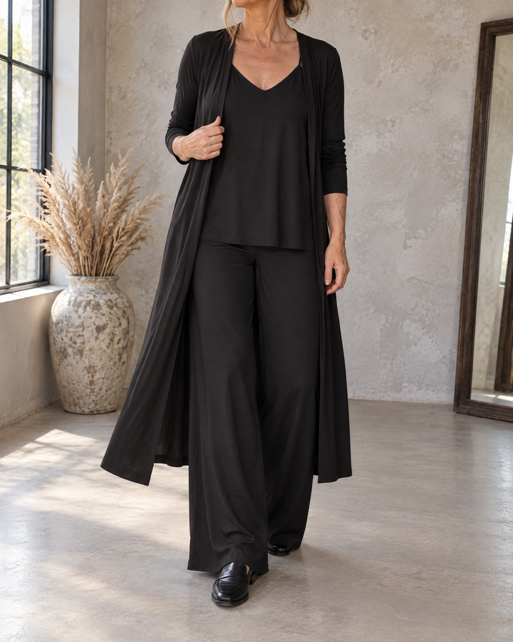 Ninon - Three-Piece Cardigan Set in black, front view