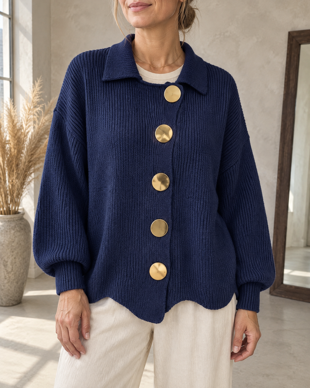 Albane - Collared Button Cardigan in navy, front view