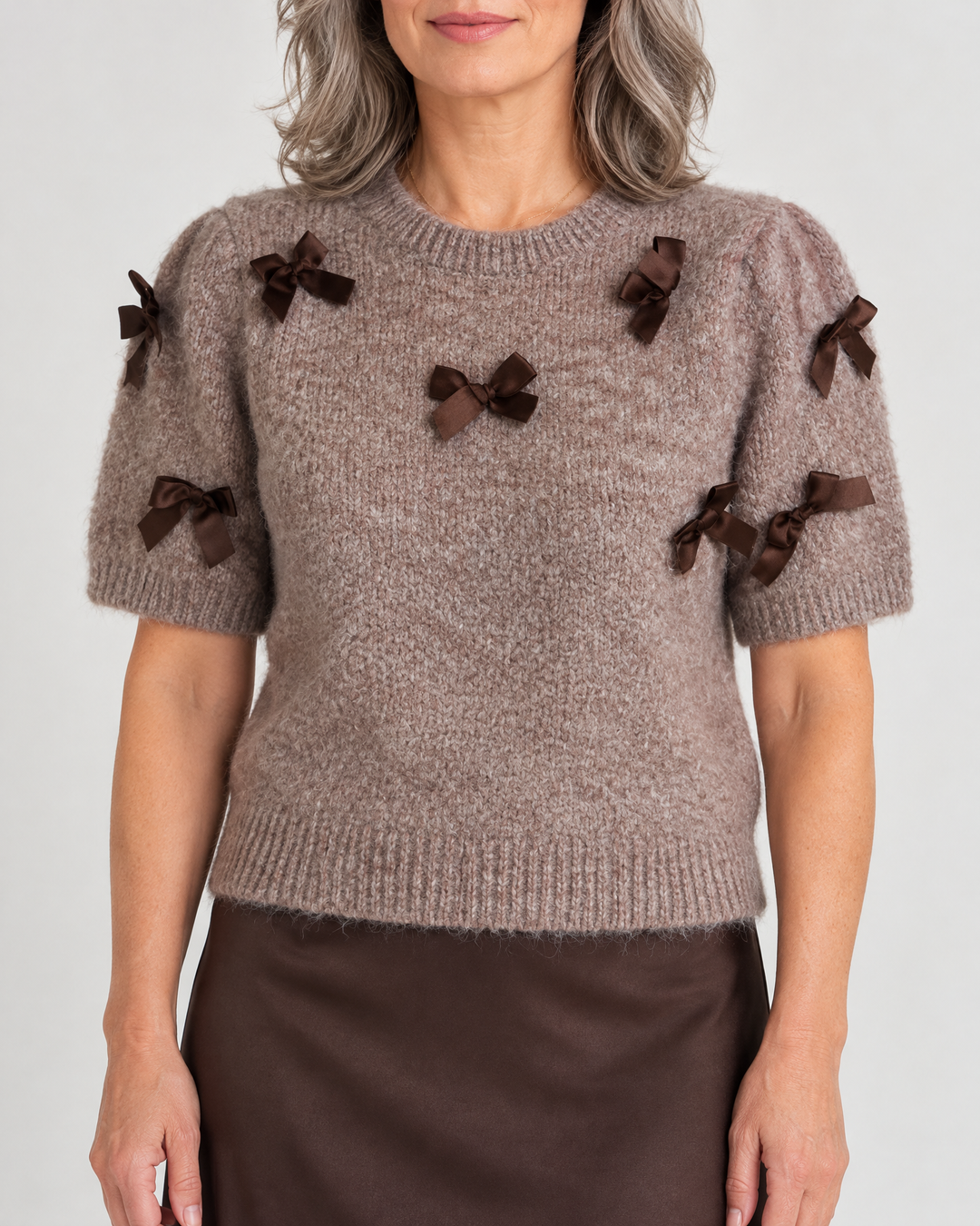 Juliette - Bow Sweater Top in brown, front view