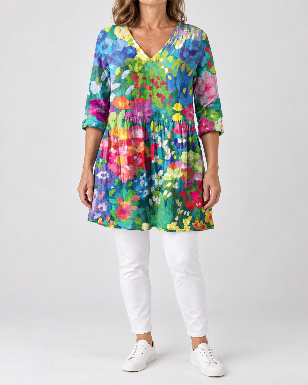 Marguerite - Printed Tunic Top in watercolour garden, front view