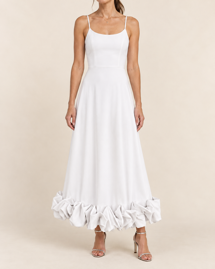 Rosine - Ruffle Hem Cami Maxi Dress in white, front view